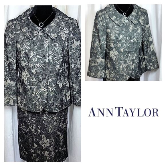 Ann Taylor Black Gray Floral Barcode Jacket and Skirt Set - Picture 1 of 16